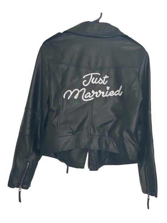 David's Bridal Jackets & Blazers - Davids Bridal Black Faux Leather Jacket "Just Married" Med Wedding Reception